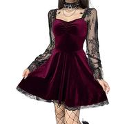 Nero Gotico Lolita Nero Pizzo Abito Manica Lunga Lace-up Goth Camoscio Abiti per le Donne Velluto Punk Grunge Cosplay Party Prom, Z11., M