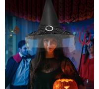 Nero grande cappello da strega increspato mini cappello da strega a punta | Cappello da strega di Halloween con design arricciato, mini a punta, 49 x 36 cm, velo in pizzo