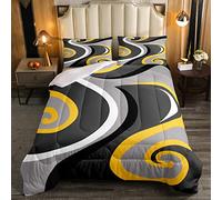 Nero Grigio Giallo Trippy Swirl Consolatore Set Cerchio Geometrico Biancheria Da Letto per Donne Uomini Agriturismo Astratto Geometria Giù Consolatore Retrò A Righe Trapunta 230x220cm 3 Pz