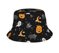 Nero Halloween Cartone Animato Zucca Luna Pipistrelli Fantasmi Cappelli Secchiello per Donna Uomo Unisex Cappelli Estivi Pescatore Adolescenti Protezione Solare Cap Packable Trendy Viaggi Beach Vacati