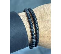 Nero Intrecciato Pelle da Uomo, Onice Fuoco Perlina Beige Acciaio Inox Bracciale