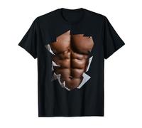 Nero Mens Body Builder Sei Pack Muscolare Divertente Finto ABS Pelle Maglietta