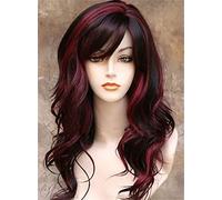 Nero mix rosso lungo ondulato cosplay parrucca per le donne, capelli pieni con pony lungo volume ricci parrucca sintetica ricci, anime cosplay Halloween costume partito parrucca