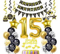 Nero Oro Palloncini 15 Anni Compleanno Decorazione per Ragazzo e Ragazza - Set Decorativo per Torta