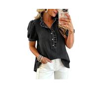 ,Nero,S,Camicia con Bottoni sul Davanti in Jeans con Volant per Donne, Top in Denim con Volant, Maniche a Sbuffo, Camicia Peplo in Jeans, Bluse con Volant per L'Estate
