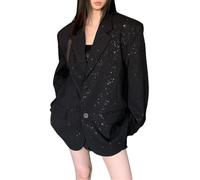 Nero Semplice Casual Classico Allentato Grandi Dimensioni Strass Cuciture Blazer Donna, Nero , L