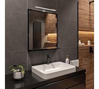 Nero Specchio Bagno con Luce da Parete A: 70 cm x L: 60cm con Mensola - Specchio da Bagno Retroilluminato con Ripiani, IP44 la Toilette Riflesso LED 4000 K Colore della custodia LED: Cromo