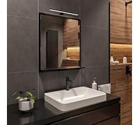 Nero Specchio Bagno con Luce da Parete A: 70 cm x L: 60cm con Mensola - Specchio da Bagno Retroilluminato con Ripiani, IP44 la Toilette Riflesso LED 4000 K Colore della custodia LED: Nero