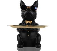 Nero Statua Del Bulldog Francese Con Vassoio in Acciaio Inossidabile - Portaogge