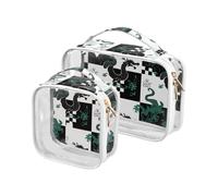 Nero Verde Bianco Drago Plaid Confezione da 2 Borse per il Trucco Trasparente per Le Donne Approvato TSA Borsa Impermeabile Viaggio Cosmetico Kit da Barba Uomo