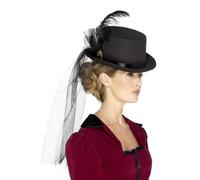 Nero Vittoriano Top Cappello Con Velo Piume Spilla Donna Costume