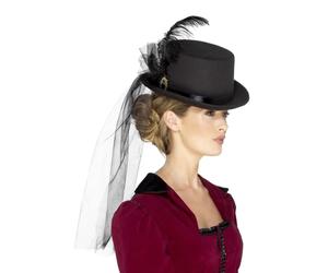 Nero Vittoriano Top Cappello Con Velo Piume Spilla Donna Costume