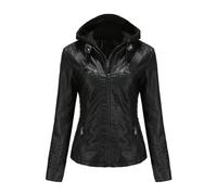 Nero,XL,Giacca in Similpelle da Donna con Cappuccio, Giacca da Motociclista Rimovibile Slim Fit alla Moda, Cappotto Corto da Motociclista Punk Oversize con Cerniera