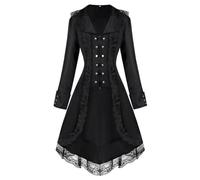 Nero,XXL,Giacca Steampunk da Donna, Frac Doppiopetto Medievale a Maniche Lunghe in Pizzo Gotico, Cerniera, Orlo Irregolare, Abiti rinascimentali da Smoking