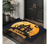 Nero Zerbino Interno, Zerbino Ingresso a Pelo Corto Cartone Animato Castello Oscuro, Tappetino Antiscivolo Lavabile in Lavatrice, Stampa Pipistrelli Palazzo Tappetino d'Ingresso per Cane 80 x 120 cm