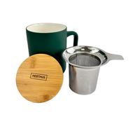 NERTHUS FIH 1569 Tazza in ceramica 375 ml con infusore in acciaio inox e coperchio in bambù, design elegante, ideale per tè e infusioni Verde Mare