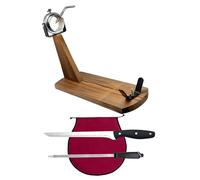 NERTHUS Testina girevole + copri Jamon Bordeaux + Affilacoltelli manuale + coltello prosciutto set, acciaio inossisabile, legno
