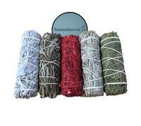 NessaStores 5 bastoncini campionatori per sbavature, 1 kit di salvia bianca, salvia nera, sangue di drago salvia bianca, salvia blu e cedro, legati a mano da 10 cm, tutto naturale, di provenienza