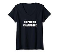 Nessun Dolore, Niente Champagne Maglietta con Collo a V, Donna, Nero, XXL