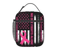 Nessuno combatte da solo contro il cancro al seno, borsa porta pranzo portatile con bandiera americana e nastro rosa, riutilizzabile, con chiusura a cerniera, a prova di perdite, per lavoro, ufficio
