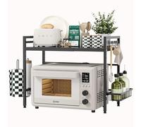 NETEL allungabile mensola microonde a 2 Livelli,supporto microonde salvaspazio Con porta fazzoletti e cestino portaoggetti,scaffale da cucina，Organizzatore di Stoccaggio per Cucina con 8 Ganci, Nero