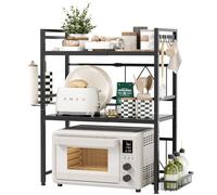 NETEL allungabile mensola microonde a 3 Livelli,supporto microonde salvaspazio Con porta fazzoletti e cestino portaoggetti,scaffale da cucina，Organizzatore di Stoccaggio per Cucina con 8 Ganci, Nero