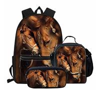NETILGEN - Borsa per la scuola + astuccio + portapranzo, 3 set grande, ideale per bambini e ragazzi e ragazzi da viaggio personalizzato, Cavallo marrone, one size, Set per la scuola