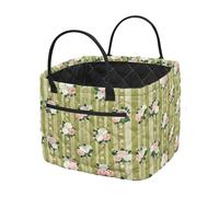 NETILGEN Cesto portaoggetti decorativo con manici e tasca, 32 x 28 x 27 cm, con motivo floreale rosa verde