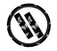 NETILGEN Coprivolante per auto, cuscinetto per cintura di sicurezza, antiscivolo, morbido, per donne e ragazze, accessori decorativi per interni, set completo di 3 pezzi, farfalla nera
