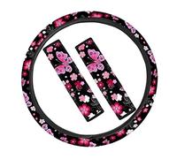 NETILGEN Coprivolante per auto, cuscinetto per cintura di sicurezza, antiscivolo, morbido, per donne e ragazze, accessori decorativi per interni auto, set completo di 3 pezzi, rosa farfalla fiore