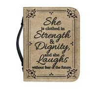 NETILGEN Custodia protettiva per donne e uomini, in pelle PU con cerniera e manico, con scritta in lingua inglese "She is Clothed in Strength & Dignity and She Laughs Without Fear of the Future Bible