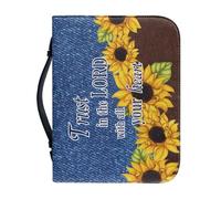 NETILGEN Denim Girasole Trust in The Lord with All Your Heart Bibbia Cover con manico e cerniera PU Leather Bibbia Studio Forniture per donne uomini Chiesa caso