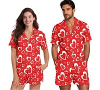NETILGEN Pigiama coordinato per coppie, a maniche corte, con bottoni, abbigliamento da notte, Cuori d'amore rossi, S