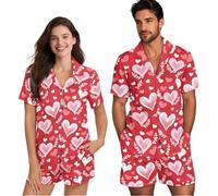 NETILGEN Pigiama coordinato per coppie, a maniche corte, con bottoni, abbigliamento da notte, Dolci cuori d'amore, XS