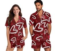NETILGEN Pigiama coordinato per coppie, a maniche corte, con bottoni, set da notte per donne e uomini, Cuori d'amore rossi, XS