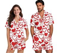 NETILGEN Pigiama coordinato per coppie, a maniche corte, con bottoni, set da notte per donne e uomini, Dolci cuori d'amore, L