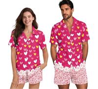 NETILGEN Pigiama coordinato per lui e per lei, morbido, traspirante, a maniche corte, per coppie, Dolci cuori d'amore, 5XL