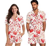 NETILGEN Pigiami coordinati per coppie, a maniche corte, con bottoni, pigiami abbinati, Dolci cuori d'amore, 3XL