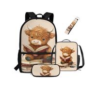 NETILGEN Scool - Set di 4 zaini, con portapranzo, astuccio portachiavi, per bambini elementari, Leggi Libro Mucca, Zaino per bambini