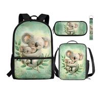 NETILGEN Set 4 in 1 per ragazzi e ragazze, include borsa per libri scolastici, borsa termica per il pranzo, portapenne, portachiavi, regalo per bambini, Koala Foglia Verde, Taglia unica, Zaini Daypack