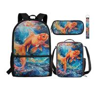 NETILGEN Set 4 in 1 per ragazzi e ragazze, include borsa per libri scolastici, borsa termica per il pranzo, portapenne, portachiavi, regalo per bambini, Fondale marino alla carpa, Taglia unica, Zaini