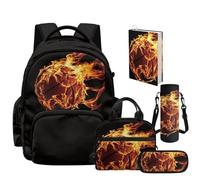 NETILGEN Set 5 in 1 con borsa per il pranzo, astuccio, custodia per bottiglia e copertina per libri, Basket Flame, L, Casual