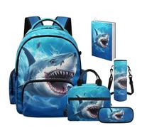 NETILGEN Set 5 in 1 con borsa per la scuola per ragazzi, con portapranzo, astuccio per matite, custodia per bottiglia e copertina per libri, Squalo, L, Casual