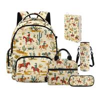 NETILGEN Set 5 in 1 con borsa per la scuola per ragazzi, con portapranzo, astuccio per matite, custodia per bottiglia e copertina per libri, Cactus Cowboy Occidentale, L, Casual