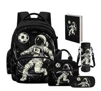 NETILGEN Set 5 in 1 con borsa per la scuola per ragazzi, con portapranzo, astuccio per matite, custodia per bottiglia e copertina per libri, Astronauta, L, Casual