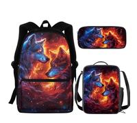 NETILGEN Set di 3 borse per la scuola + astuccio per il pranzo + astuccio per il pranzo, grande, per bambini, ragazzi e adolescenti, da viaggio, personalizzabili, Lupo Rosso Fuoco, Taglia unica