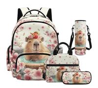 NETILGEN Set di 4 zaini per bambini con portapranzo, astuccio e custodia per biberon, zaino prescolare per ragazze, Capibara, L, Casual