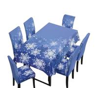 NETILGEN Set di 7 coprisedie per tavolo da pranzo a tema natalizio, stampa natalizia blu con fiocchi di neve, tovaglia rimovibile e lavabile e coprisedie da pranzo