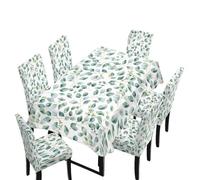NETILGEN Set di 7 pezzi di copertura per tavolo da pranzo e coprisedia elasticizzati, con stampa di foglie di salvia verde, tovaglia rimovibile e coprisedie da pranzo
