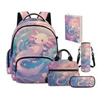 NETILGEN Set di borse per la scuola per ragazze e studenti con borsa per il pranzo, astuccio, custodia per bottiglia e copertina per libri, Carino Axolotl, L, Casual